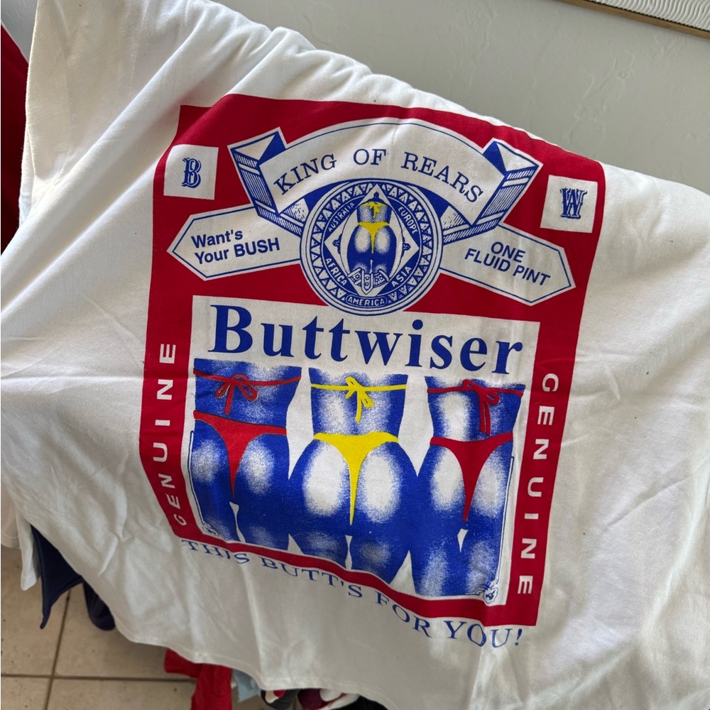 Vintage 90s Buttwiser - Budweiser Parody White Tee with Red, Blue, YellowGraphic
